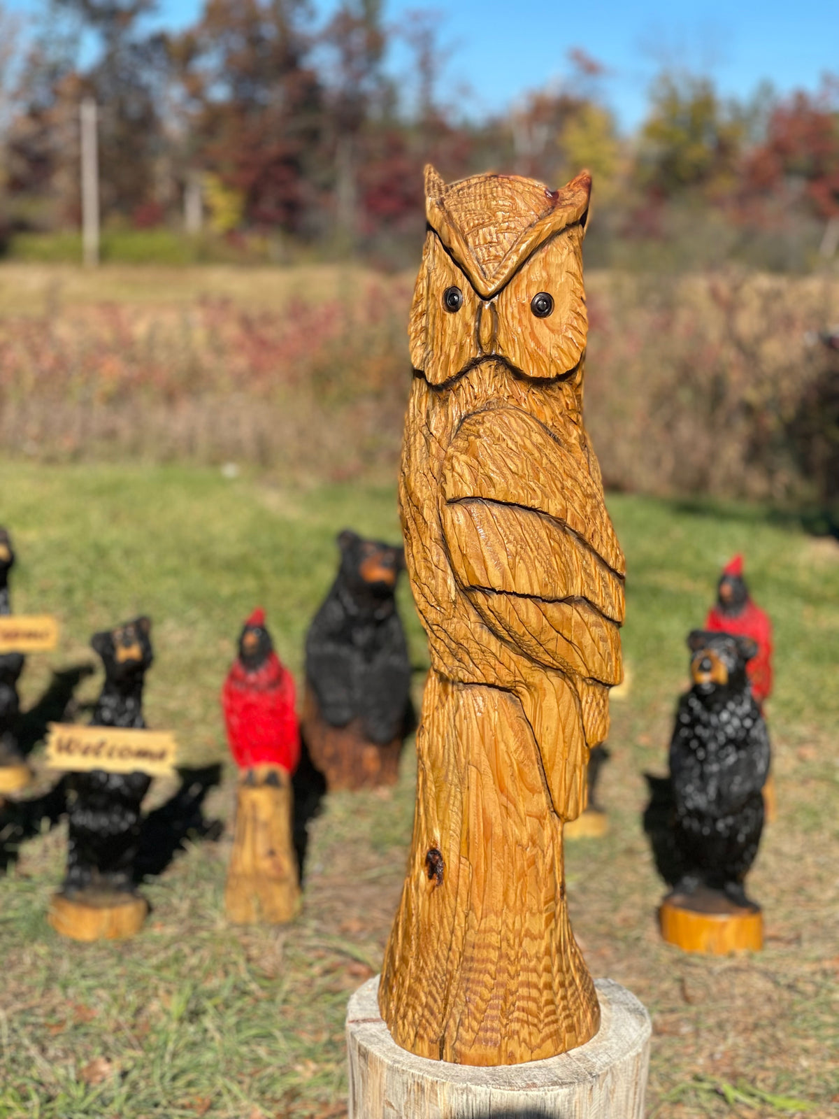 Large owl chainsaw carving